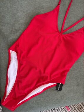 NWT Fashion Nova Fire Red Ribbed One-Piece Swimsuit